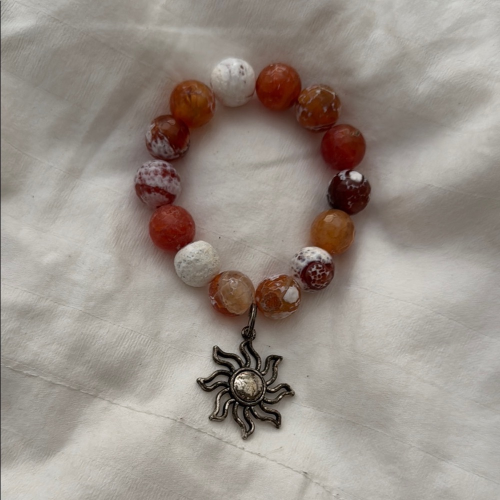 Sun Charm Beaded Bracelet - Red, White, Silver